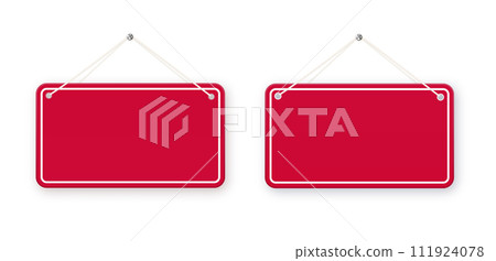 Red shop door signs hanging isolated . Empty or blank sign for store, restaurant or cafe. Vector Red shop door signs hanging isolated . Empty or blank sign for store, restaurant or cafe. Vector 111924078