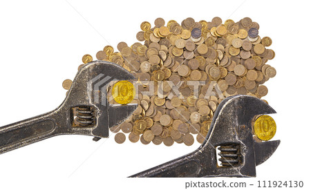 Allegory of the global financial crisis - Iron 10 rubles coin (written ten rubles, the Bank of Russia) in the grip of economic crisis, on a white background. Finance and business concept 111924130