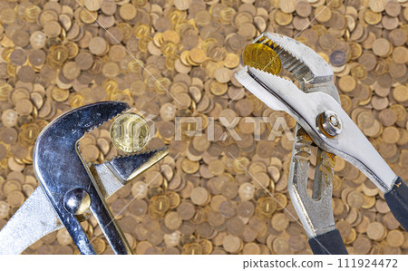 Allegory of the global financial crisis - Iron 10 rubles coin (written ten rubles, the Bank of Russia) in the grip of economic crisis. Finance and business concept Allegory of the global financial crisis - Iron 10 rubles coin (written ten rubles, the Bank of Russia) in the grip of economic crisis. Finance and business concept 111924472