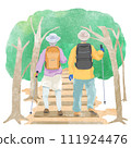 Illustration of the back view of a senior couple climbing a mountain or trekking a mountain trail 111924476