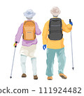 Illustration of the back view of a senior couple climbing a mountain or trekking a mountain trail 111924482