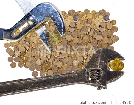 Allegory of the global financial crisis - Iron 10 rubles coin (written ten rubles, the Bank of Russia) in the grip of economic crisis, on a white background. Finance and business concept 111924598