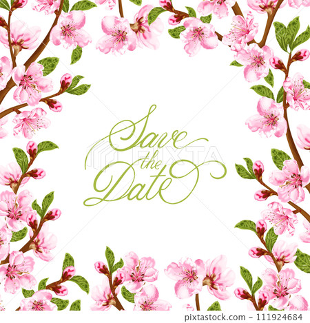 Spring frame with peach blossom. Pink flowers. Wedding invitation, banner, greeting card. 111924684