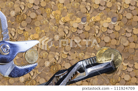 Allegory of the global financial crisis - Iron 10 rubles coin (written ten rubles, the Bank of Russia) in the grip of economic crisis. Finance and business concept Allegory of the global financial crisis - Iron 10 rubles coin (written ten rubles, the Bank of Russia) in the grip of economic crisis. Finance and business concept 111924709