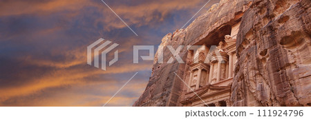 Al Khazneh or The Treasury (against the background of a beautiful sky with clouds). Petra, Jordan-- it is a symbol of Jordan, as well as Jordan's most-visited tourist attraction 111924796