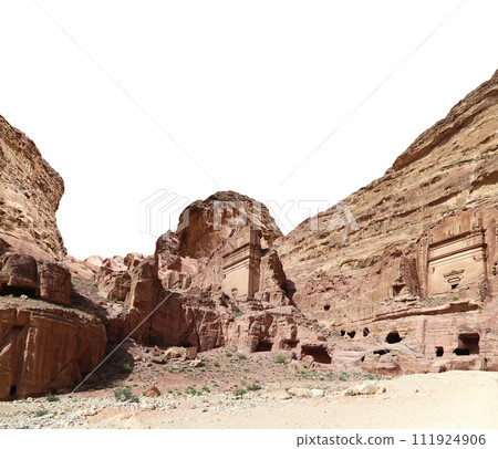 Mountains of Petra ( carved on white background), Jordan, Middle East. Petra has been a UNESCO World Heritage Site since 1985 111924906