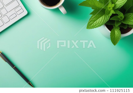 Elegant workspace with top view featuring a graceful arrangement. A coffee cup, empty notebook, pen, and a lush plant in a pot adorn the desk, creating a serene and atmosphere. Mint green color scheme 111925115
