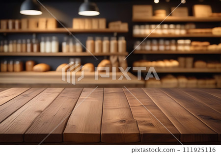 Empty table top with supermarket blurred defocused panorama, bokeh light. Backdrop for display montage products. Blank wood textured counter, blur grocery, bio eco market store background. Front view 111925116