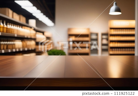 Empty table top with supermarket blurred defocused panorama, bokeh light. Backdrop for display montage products. Blank wood textured counter, blur grocery, bio eco market store background. Front view 111925122
