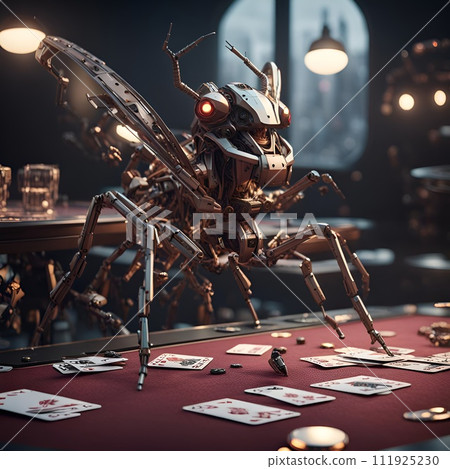 AI-generated content. Cyborg Sentinel: A Gigantic Mechanical Guardian Resting Above a Table. Generative AI. 111925230