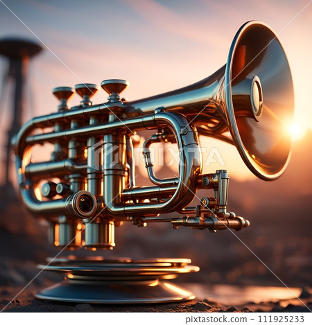 AI-generated content. Harmonious Contrasts: A Trumpets Serenade Atop a Metal Pedestal. Generative AI. 111925233
