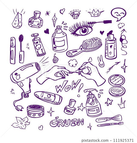Vector hand drawn doodle. Personal hygiene set of bathroom equipment, cosmetics and tools. Manicure hand, deodorant, cream, mascara, cosmetics. Vector hand drawn doodle. Personal hygiene set of bathroom equipment, cosmetics and tools. Manicure hand, deodorant, cream, mascara, cosmetics. 111925371
