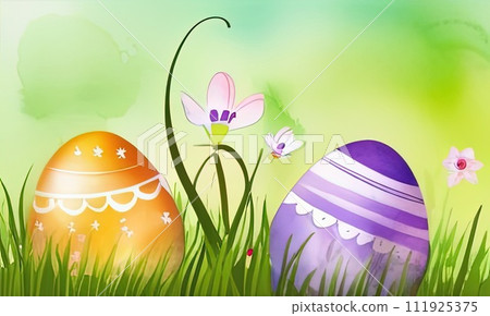 Holiday celebration banner with cute Easter decorated eggs and spring flowers on green spring meadow. Flowers in landscape. Happy Easter greeting card, banner, festive background.Copy space. Holiday celebration banner with cute Easter decorated eggs and spring flowers on green spring meadow. Flowers in landscape. Happy Easter greeting card, banner, festive background.Copy space. 111925375