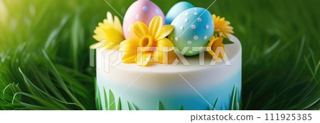 Holiday celebration banner with cute Easter decorated eggs and spring flowers on green spring meadow. Flowers in landscape. Happy Easter greeting card, banner, festive background.Copy space. Holiday celebration banner with cute Easter decorated eggs and spring flowers on green spring meadow. Flowers in landscape. Happy Easter greeting card, banner, festive background.Copy space. 111925385