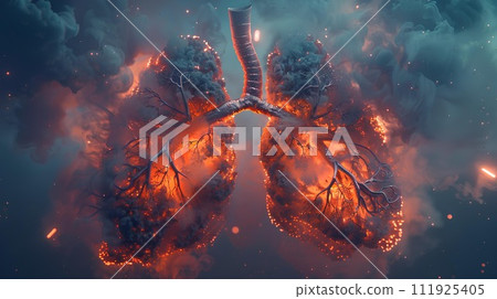 Bad Human lungs in blue and orange smoke on orange background for lung disease, 3d illustration 111925405