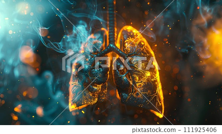 Bad Human lungs in blue and orange smoke on orange background for lung disease, 3d illustration 111925406