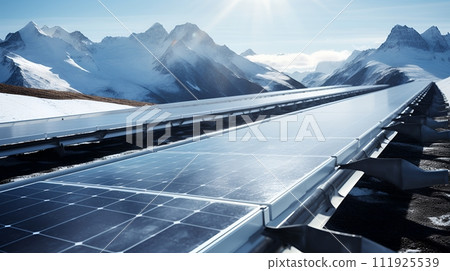 Solar panels are being installed on a snowy mountaintop. 111925539