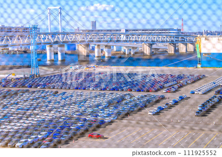 Japan's Yokohama cityscape The curse of the Japanese economy...Cars lined up at Daikoku Pier...The car carrier ELEGANT ACE is in the back right Japan's Yokohama cityscape The curse of the Japanese economy...Cars lined up at Daikoku Pier...The car carrier ELEGANT ACE is in the back right 111925552