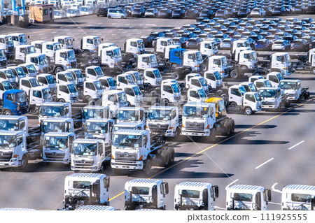 Japan's Yokohama cityscape The curse of the Japanese economy...Cars lined up at Daikoku Pier...(Car carrier ELEGANT ACE in the background) 111925555