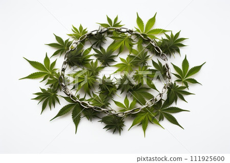 Marijuana on white background with handcuffs, police motive for prohibition of marijuana. Marijuana on white background with handcuffs, police motive for prohibition of marijuana. 111925600