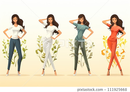 A set of poses for a woman during a photo shoot. A set of poses for a woman during a photo shoot. 111925668
