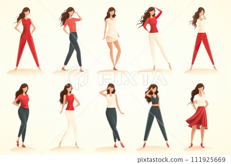 A set of poses for a woman during a photo shoot. A set of poses for a woman during a photo shoot. 111925669