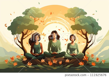 illustration for the concept of yoga, three girls sit in the lotus position and meditate. 111925676