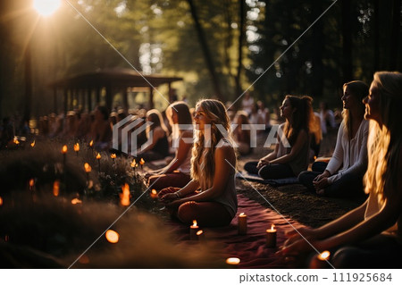 A group of girls do yoga on the street. A group of girls do yoga on the street. 111925684