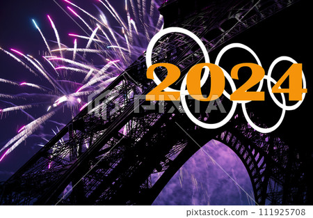 Rings and celebratory colorful fireworks over the Eiffel Tower in Paris (2024), France Rings and celebratory colorful fireworks over the Eiffel Tower in Paris (2024), France 111925708