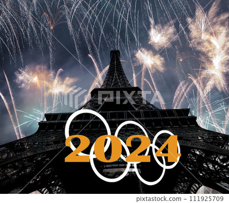 Rings and celebratory colorful fireworks over the Eiffel Tower in Paris (2024), France 111925709