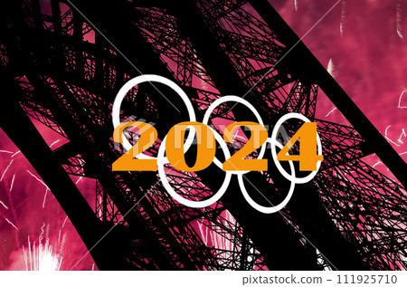 Rings and celebratory colorful fireworks over the Eiffel Tower in Paris (2024), France 111925710