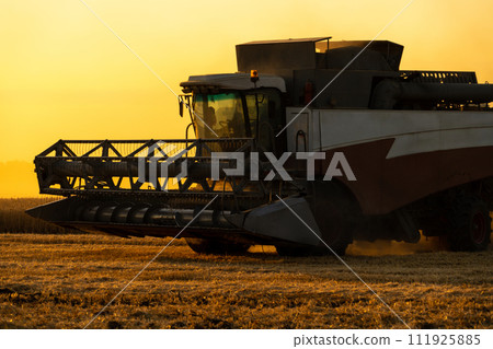 Combine harvester on the field at sunset 111925885