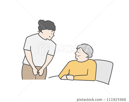 與女性護理人員躺在床上的老年婦女 與女性護理人員躺在床上的老年婦女 111925988