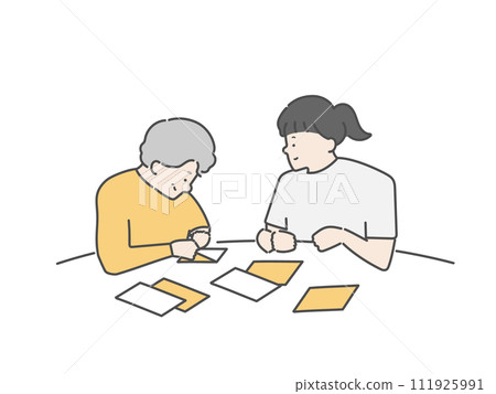 Origami of an elderly woman having recreation and a female caregiver 111925991