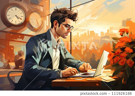 A man and a laptop, a person works remotely using a laptop in a cafe. 111926186
