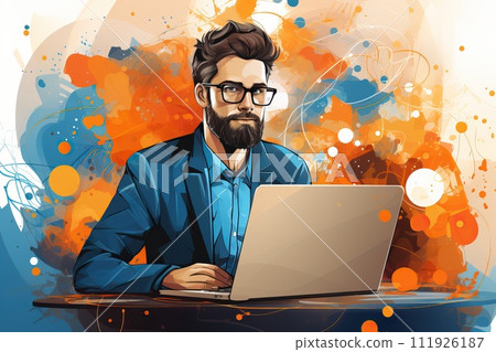 A man and a laptop, a person works remotely using a laptop in a cafe. 111926187