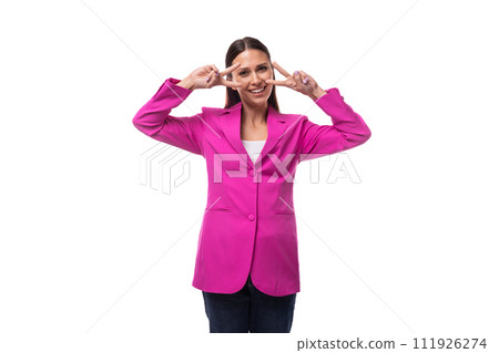 young office worker woman with black hair dressed in a pink jacket looks happy 111926274