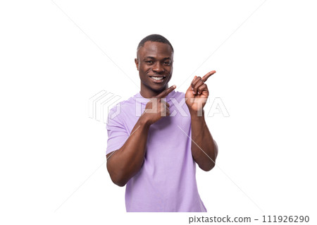 portrait of young smiling american man in lilac t-shirt isolated on white background with copy space 111926290