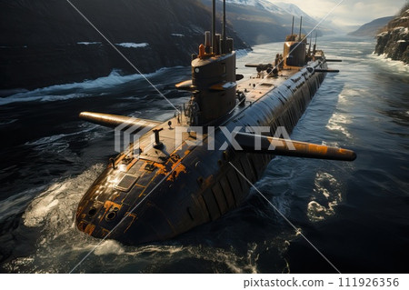 A military submarine floats over the water. A military submarine floats over the water. 111926356