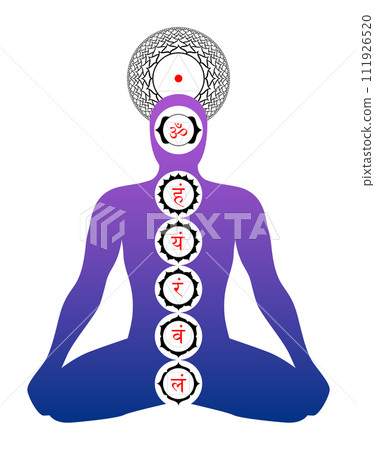 Position of the main chakras in the body. Silhouette of a body in yoga position, with symbols of seven main chakras, depicted with lotus flower petals, geometric figures and seed syllables in Sanskrit 111926520