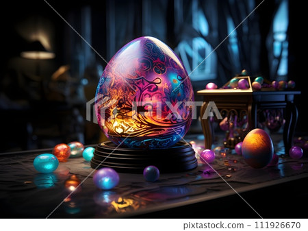 Colorful easter eggs in a wooden bowl on a black background 111926670