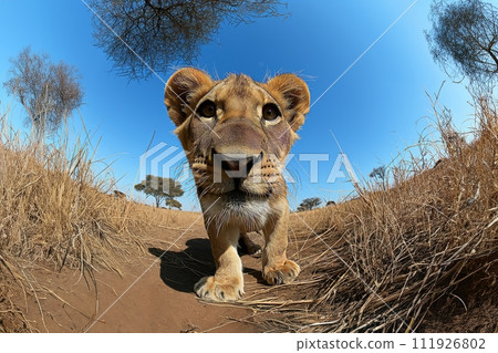 Close up portrait of a curious lion made with fisheye lens against blue sky 111926802