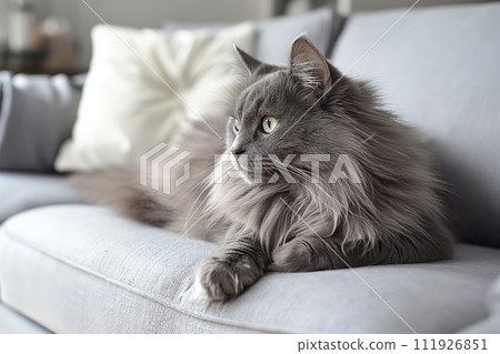 A beautiful grey fluffy Nebelung cat sitting on the sofa in a modern, minimalistic living room 111926851