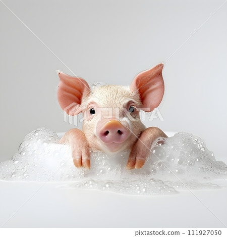 A young piglet happily washes himself in the bathtub 111927050