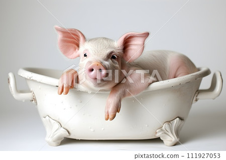 A young piglet happily washes himself in the bathtub A young piglet happily washes himself in the bathtub 111927053