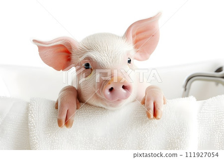 A young piglet happily washes himself in the bathtub 111927054
