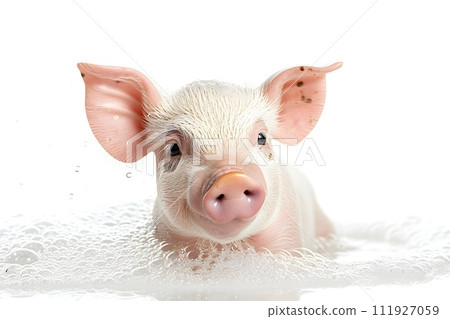 A young piglet happily washes himself in the bathtub 111927059