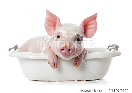 A young piglet happily washes himself in the bathtub 111927063