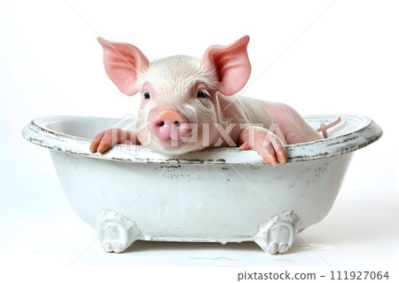 A young piglet happily washes himself in the bathtub 111927064
