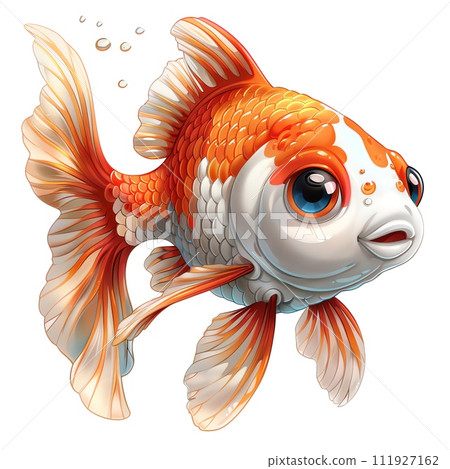 The image depicts a colorful fish with orange and blue fins, a white face, and brown around its eyes. It has a scared expression and is swimming in the water.  The image depicts a colorful fish with orange and blue fins, a white face, and brown around its eyes. It has a scared expression and is swimming in the water.  111927162